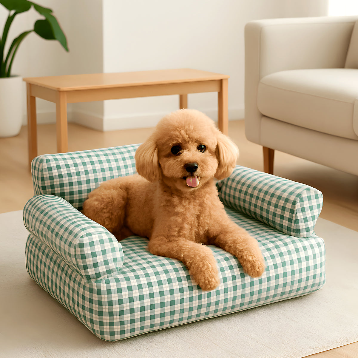 Canapé vichy vert et blanc 100 % coton pour petit chien