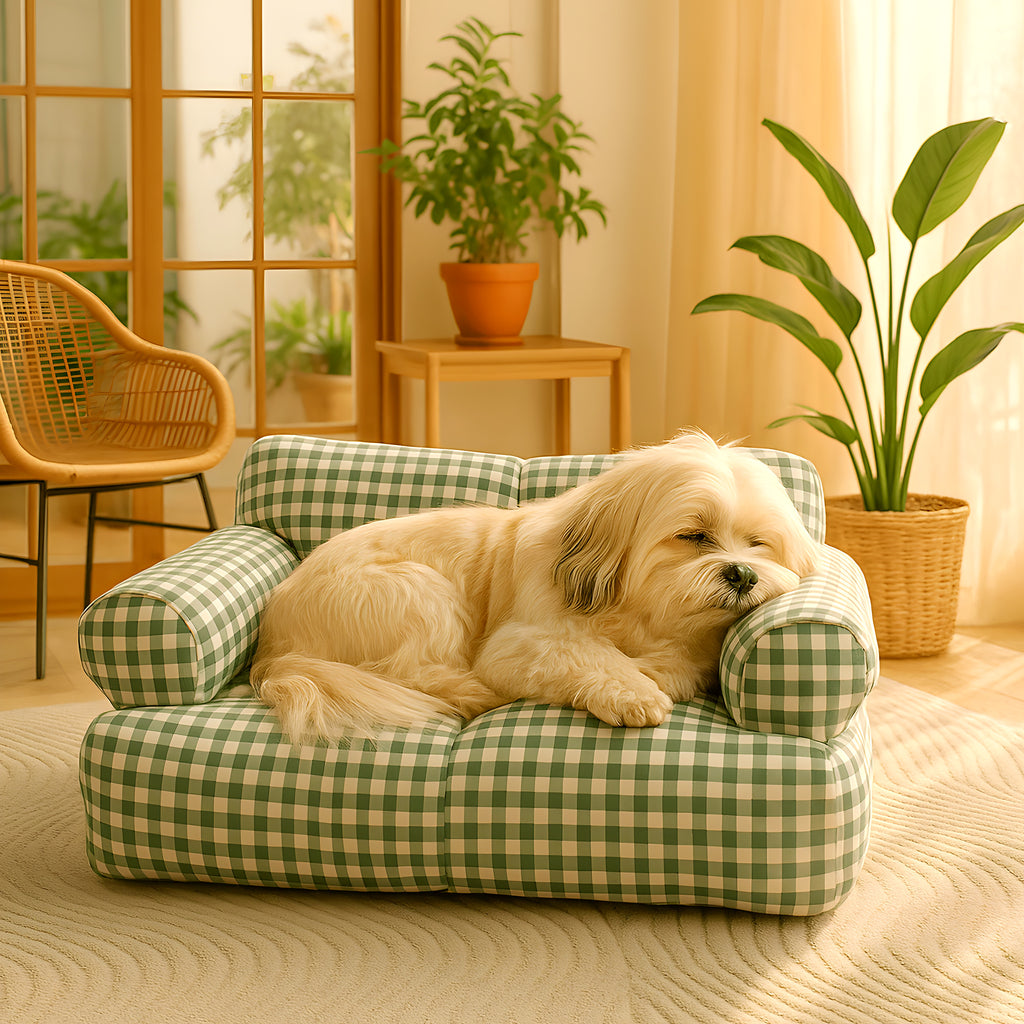 Canapé vichy vert et blanc 100 % coton pour petit chien