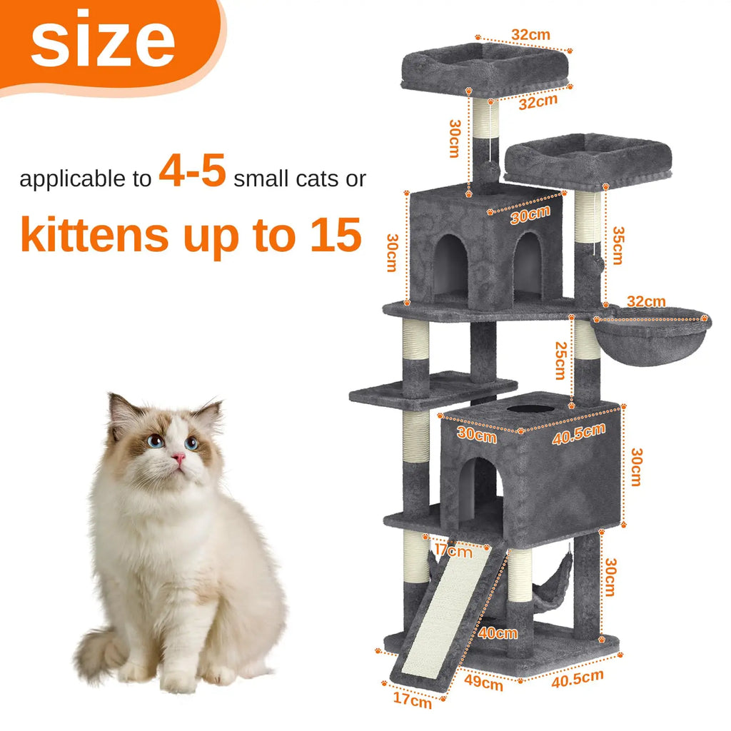 Tir À Gratter Pour Chat Tour D'Escalade De 158 Cm Avec 7 Mandrins À Gratter, 2 Maisons Et 2 Hamacs Pour Chats Domestiques