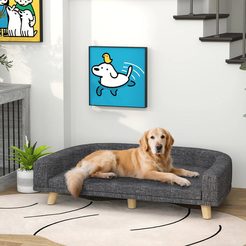 Canapé Chien Grand Lit Surélevé Pour Chien Coussin Lavable Cadre En Bois Tissu Polyester 98 X 67 X 25 Cm Gris Foncé