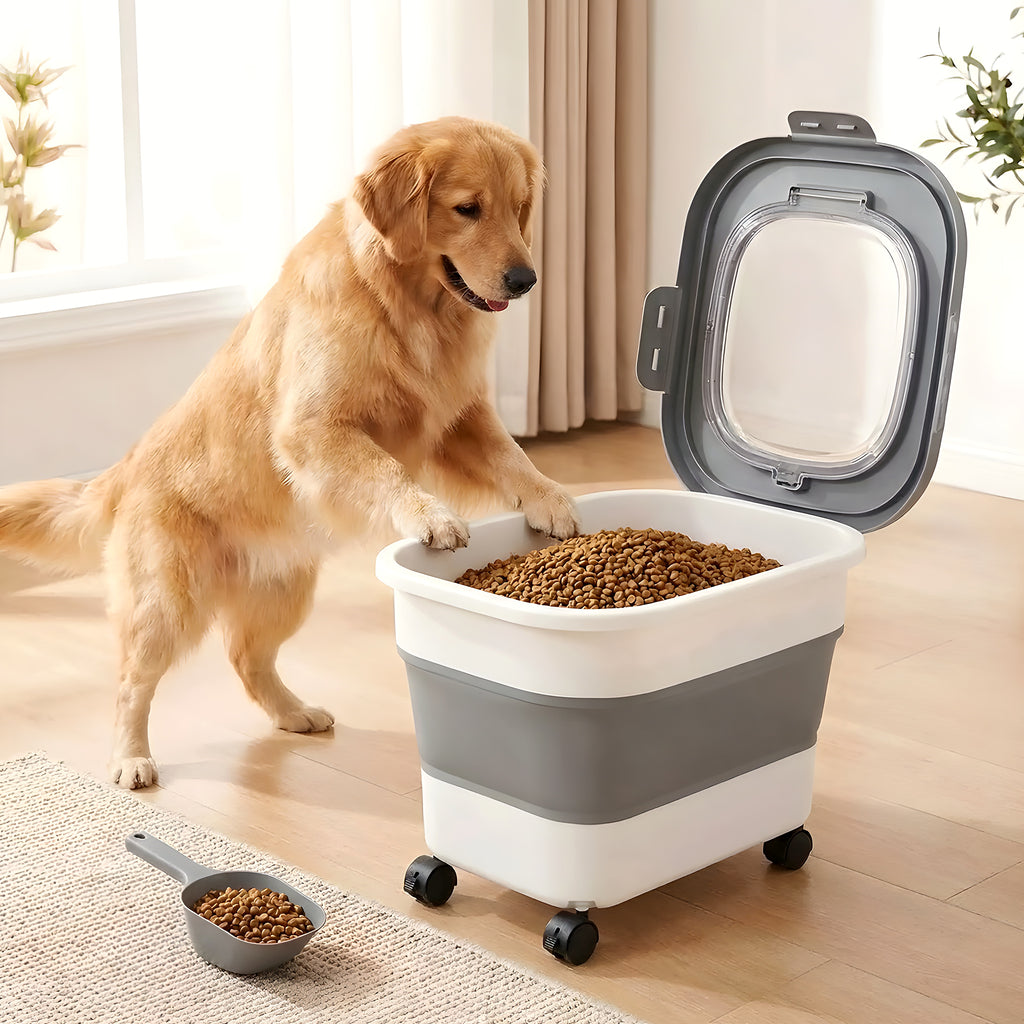 Conteneur à croquettes 10-12 kg sur roulettes avec pelle