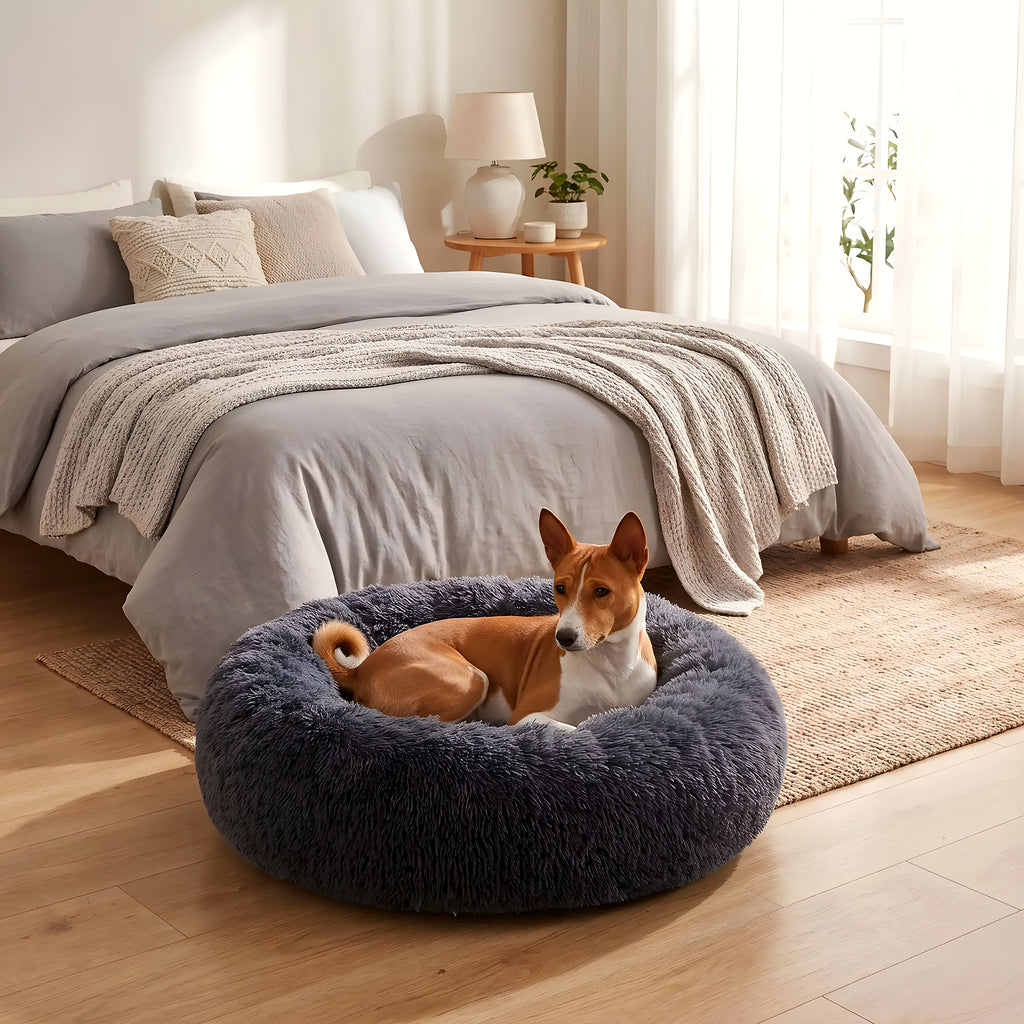 Coussin rond anti-stress en peluche pour chien