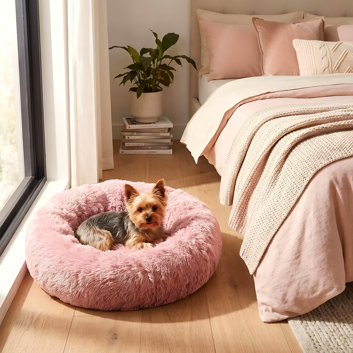 Coussin rond anti-stress en peluche pour chien