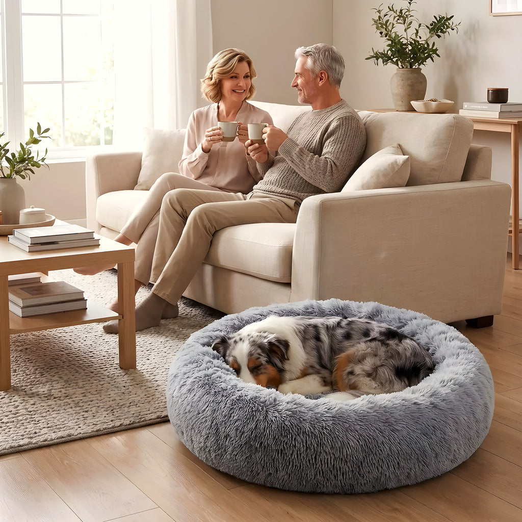 Coussin rond anti-stress en peluche pour chien