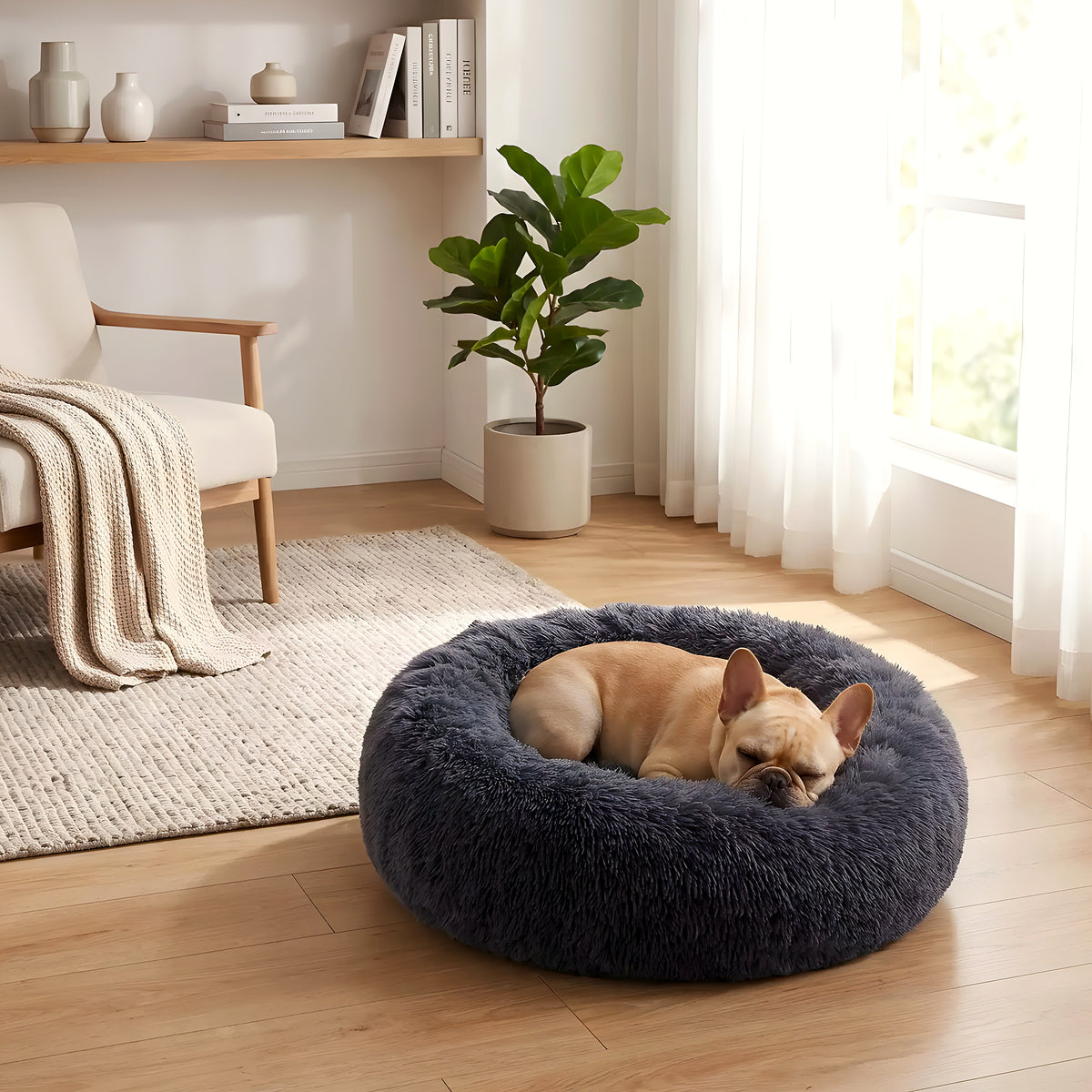 Coussin rond anti-stress en peluche pour chien