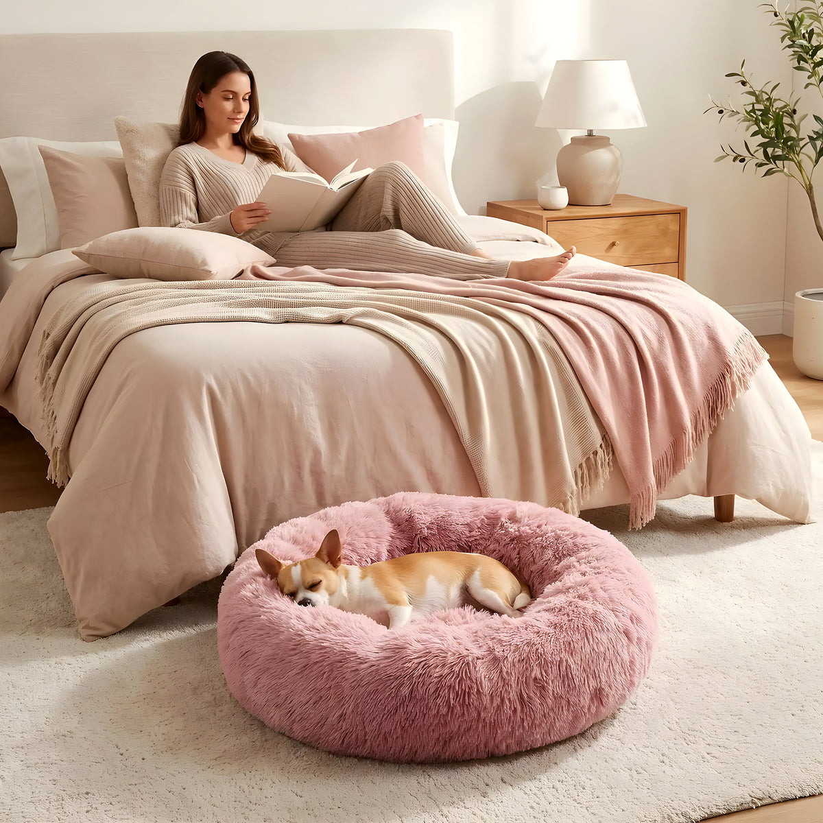 Coussin rond anti-stress en peluche pour chien
