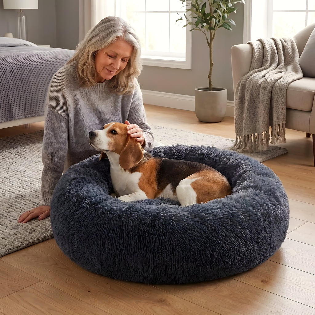 Coussin rond anti-stress en peluche pour chien