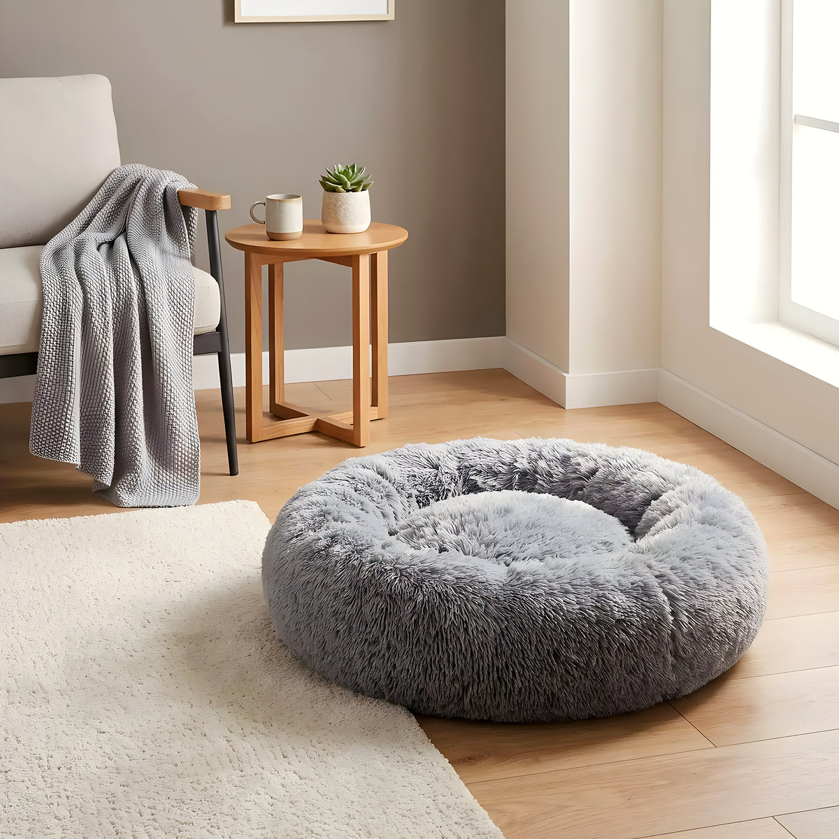 Coussin rond anti-stress en peluche pour chien