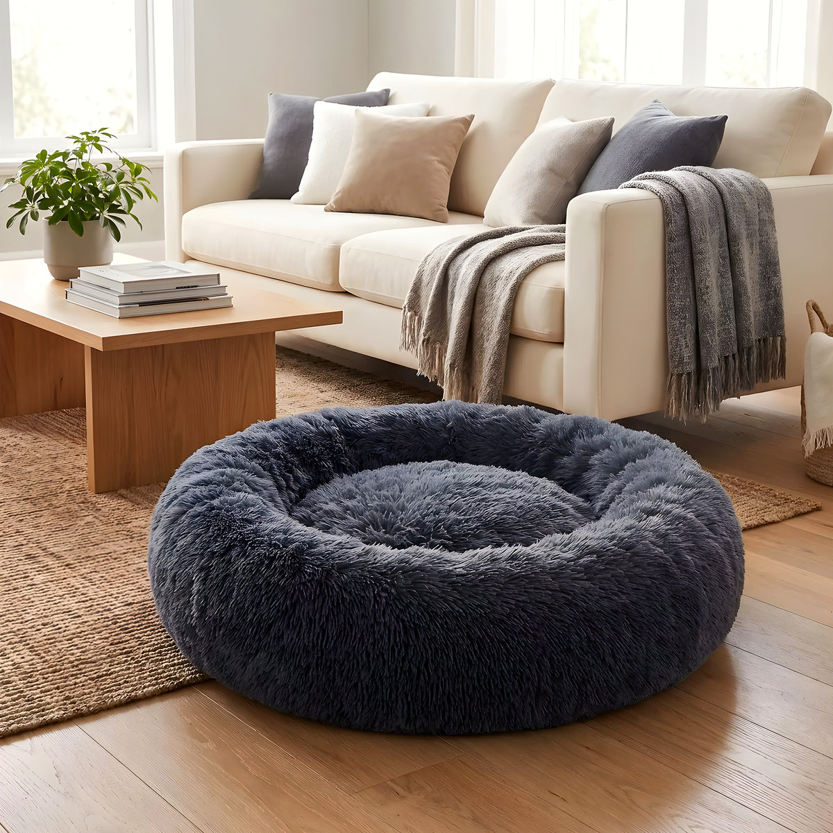 Coussin rond anti-stress en peluche pour chien