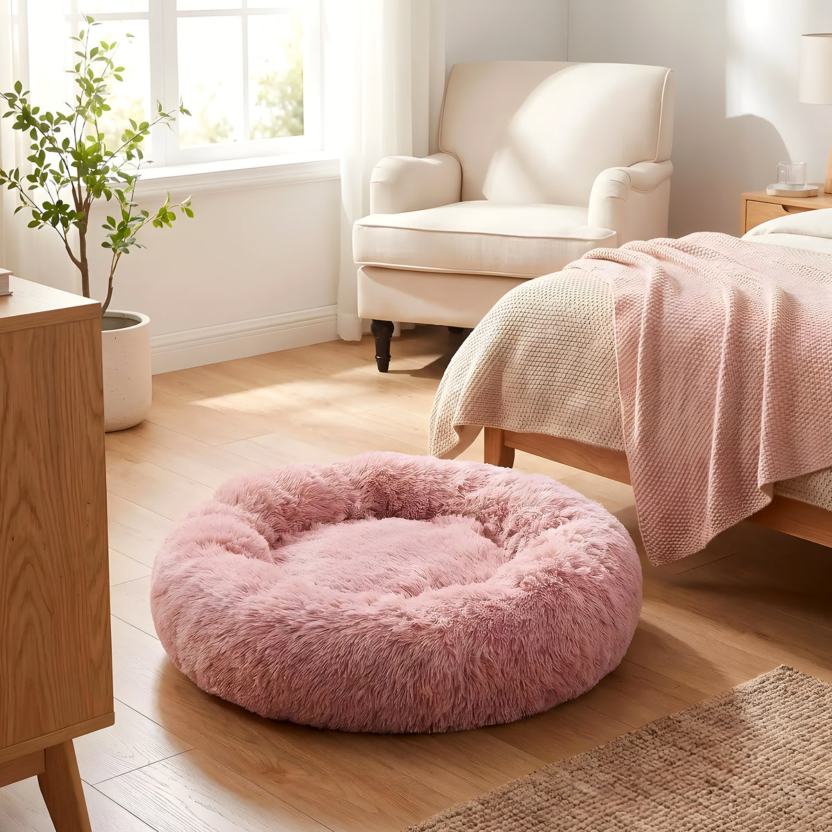 Coussin rond anti-stress en peluche pour chien
