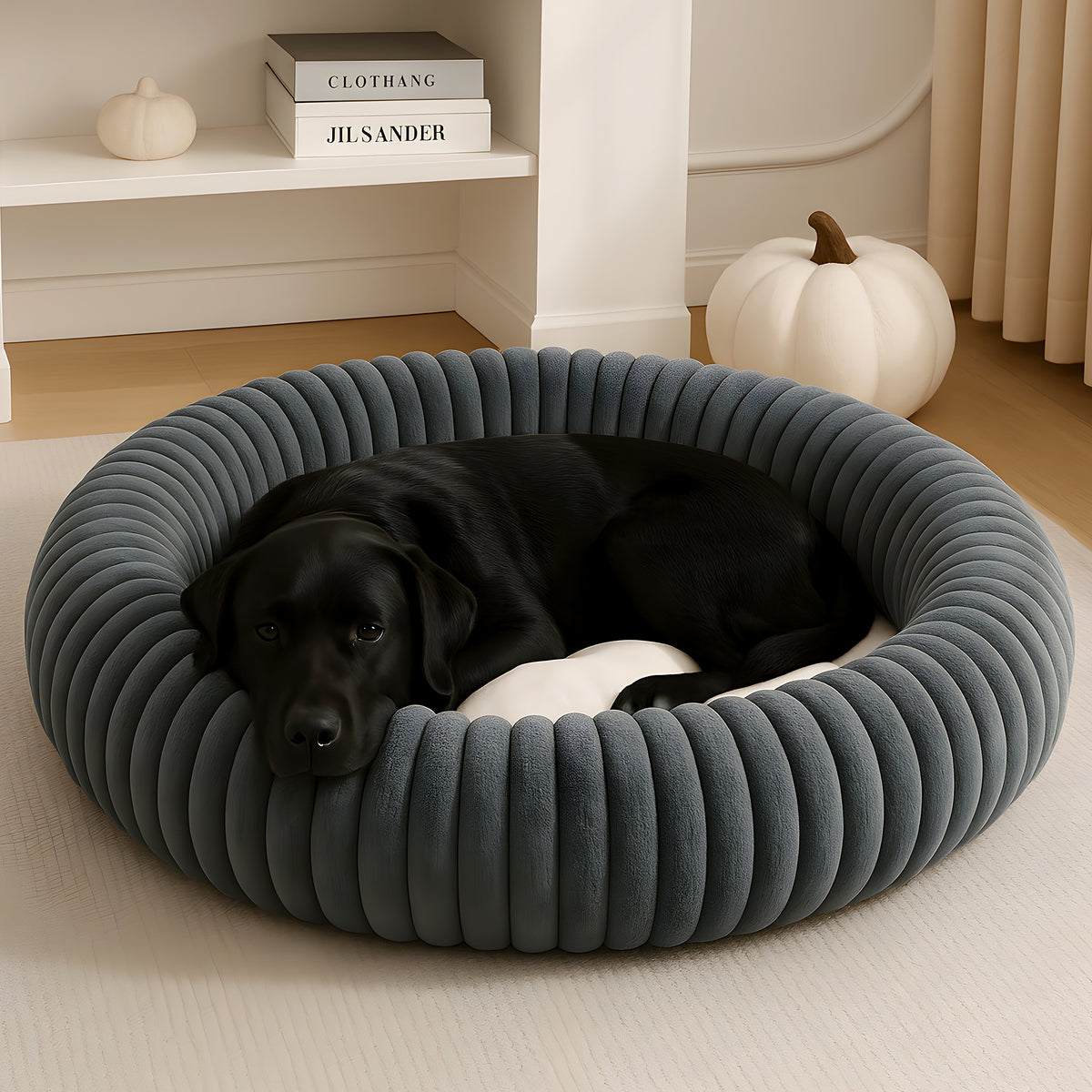 Coussin rond en velours côtelé certifié OEKO-TEX pour chien