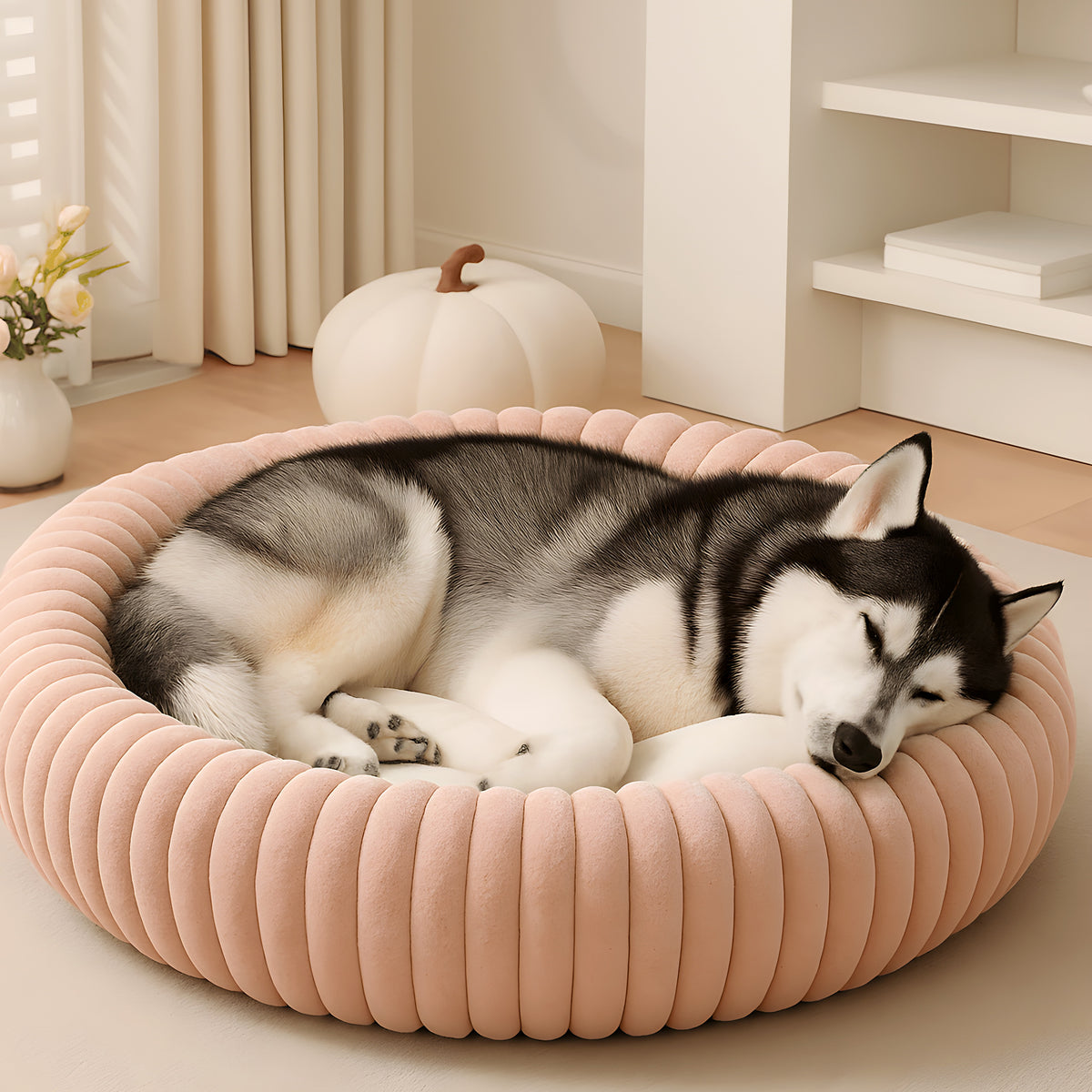 Coussin rond en velours côtelé certifié OEKO-TEX pour chien