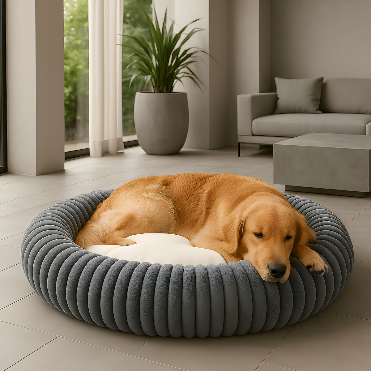 Coussin rond en velours côtelé certifié OEKO-TEX pour chien