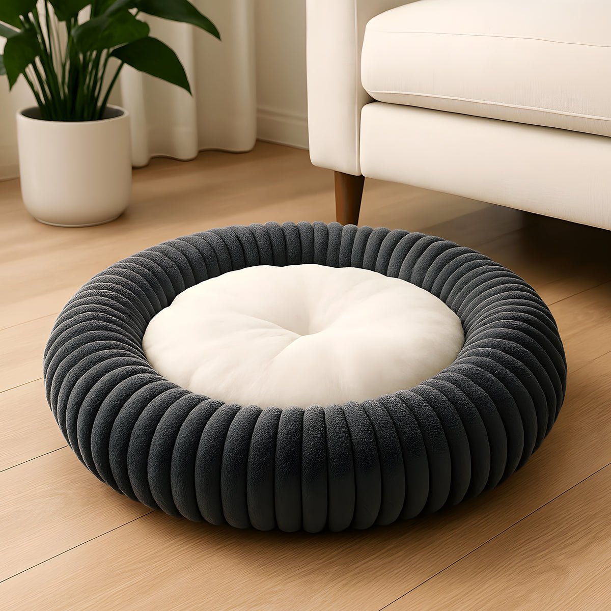 Coussin rond en velours côtelé certifié OEKO-TEX pour chien