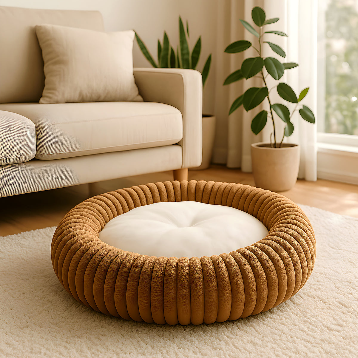 Coussin rond en velours côtelé certifié OEKO-TEX pour chien