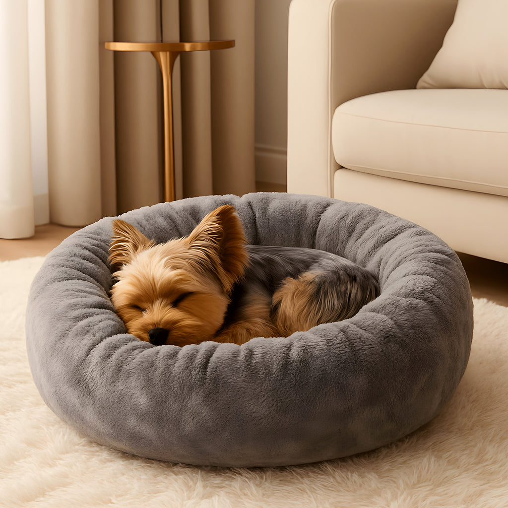 Coussin rond épais en velours à bords surélevés pour chien