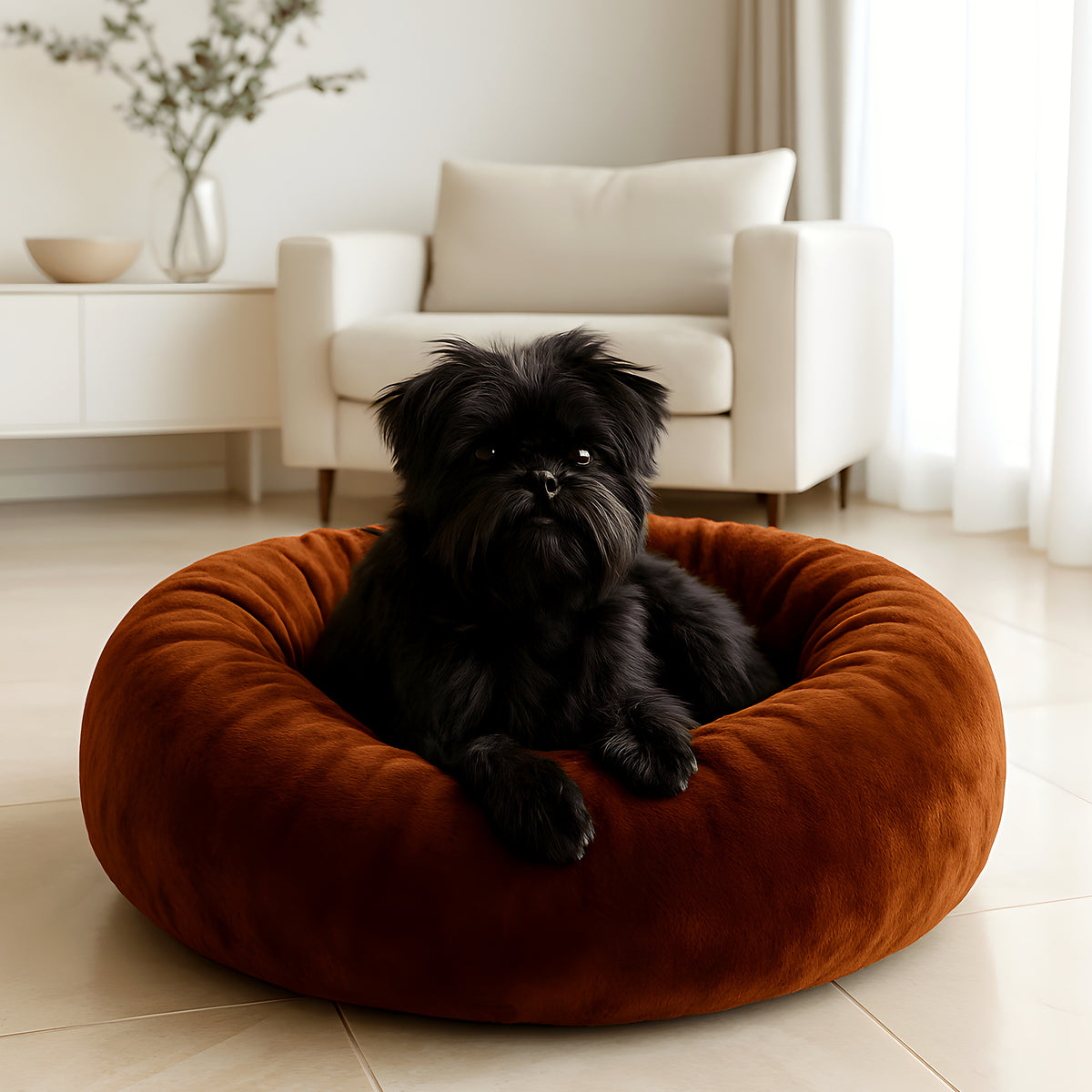 Coussin rond épais en velours à bords surélevés pour chien