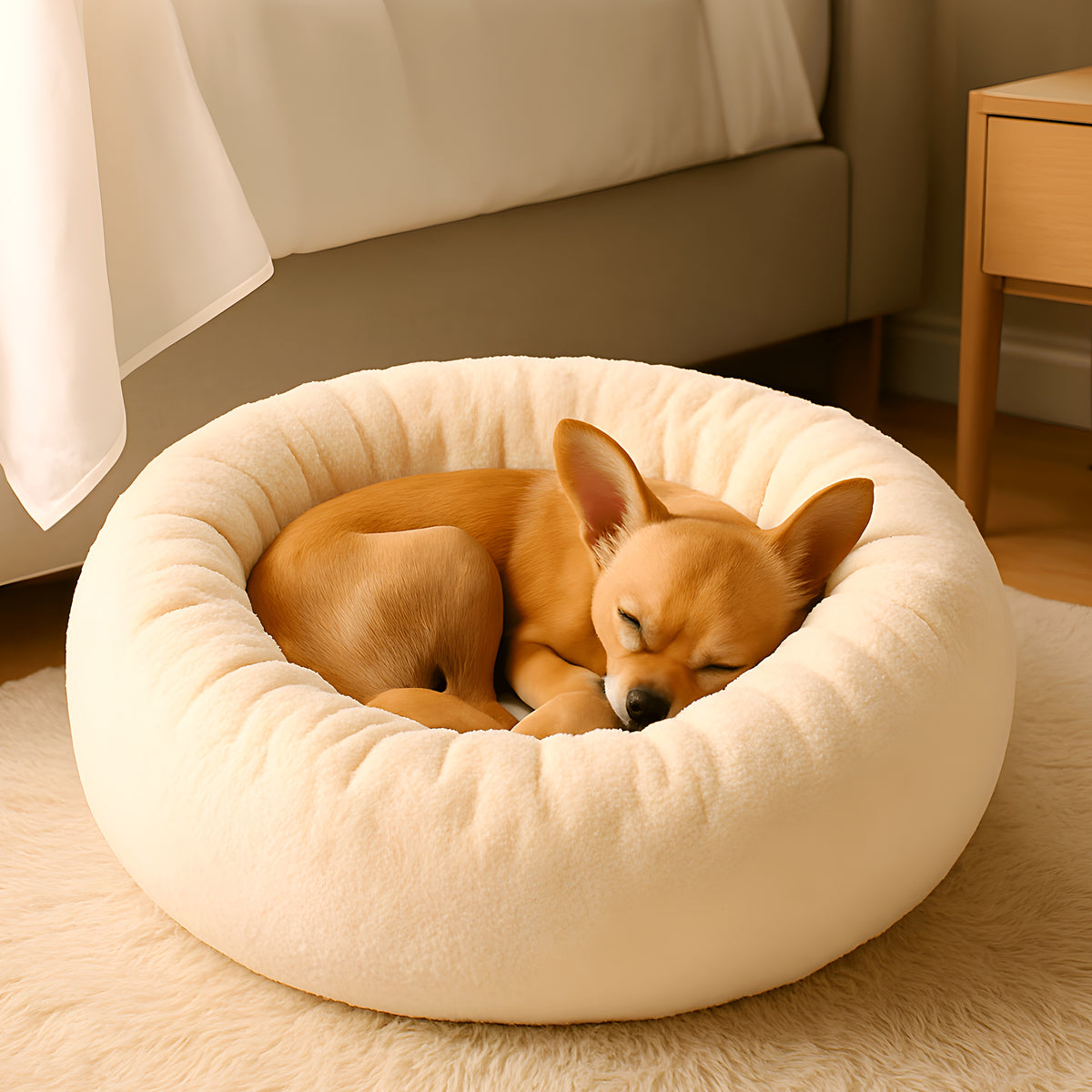 Coussin rond épais en velours à bords surélevés pour chien