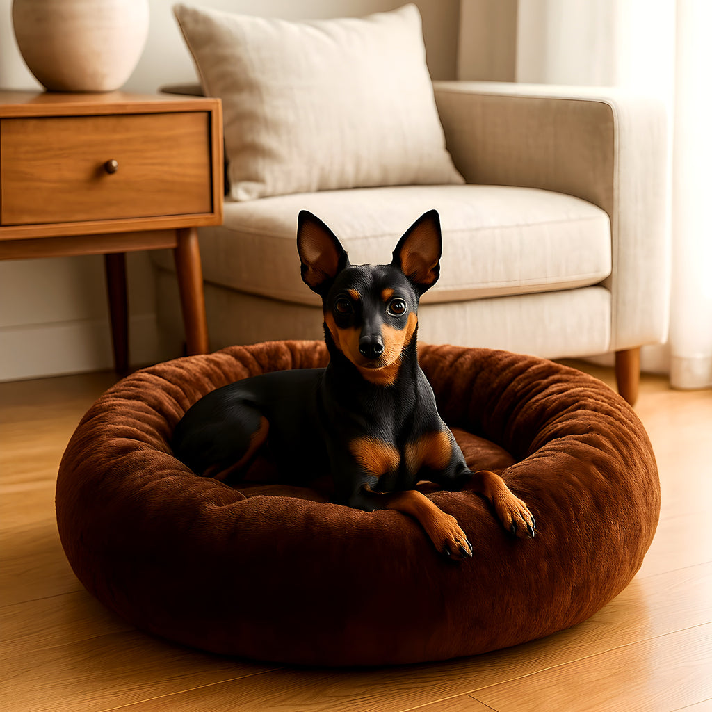 Coussin rond épais en velours à bords surélevés pour chien