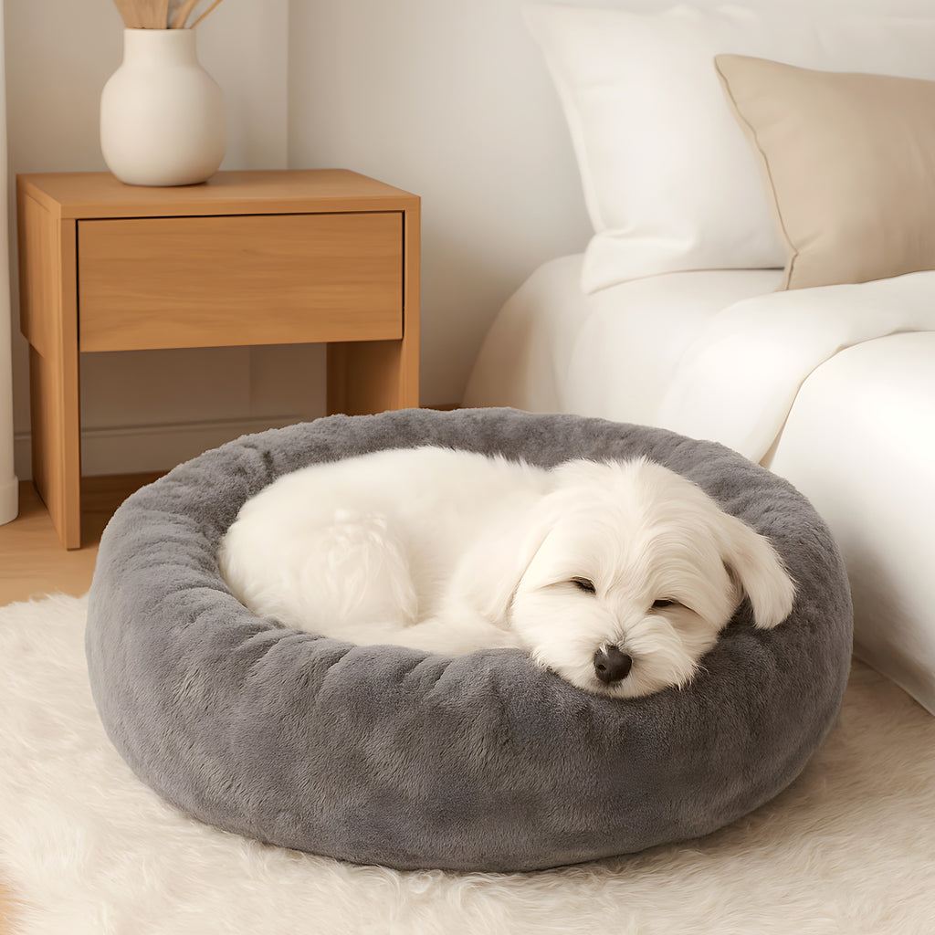 Coussin rond épais en velours à bords surélevés pour chien