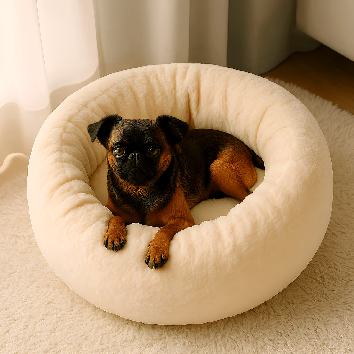 Coussin rond épais en velours à bords surélevés pour chien