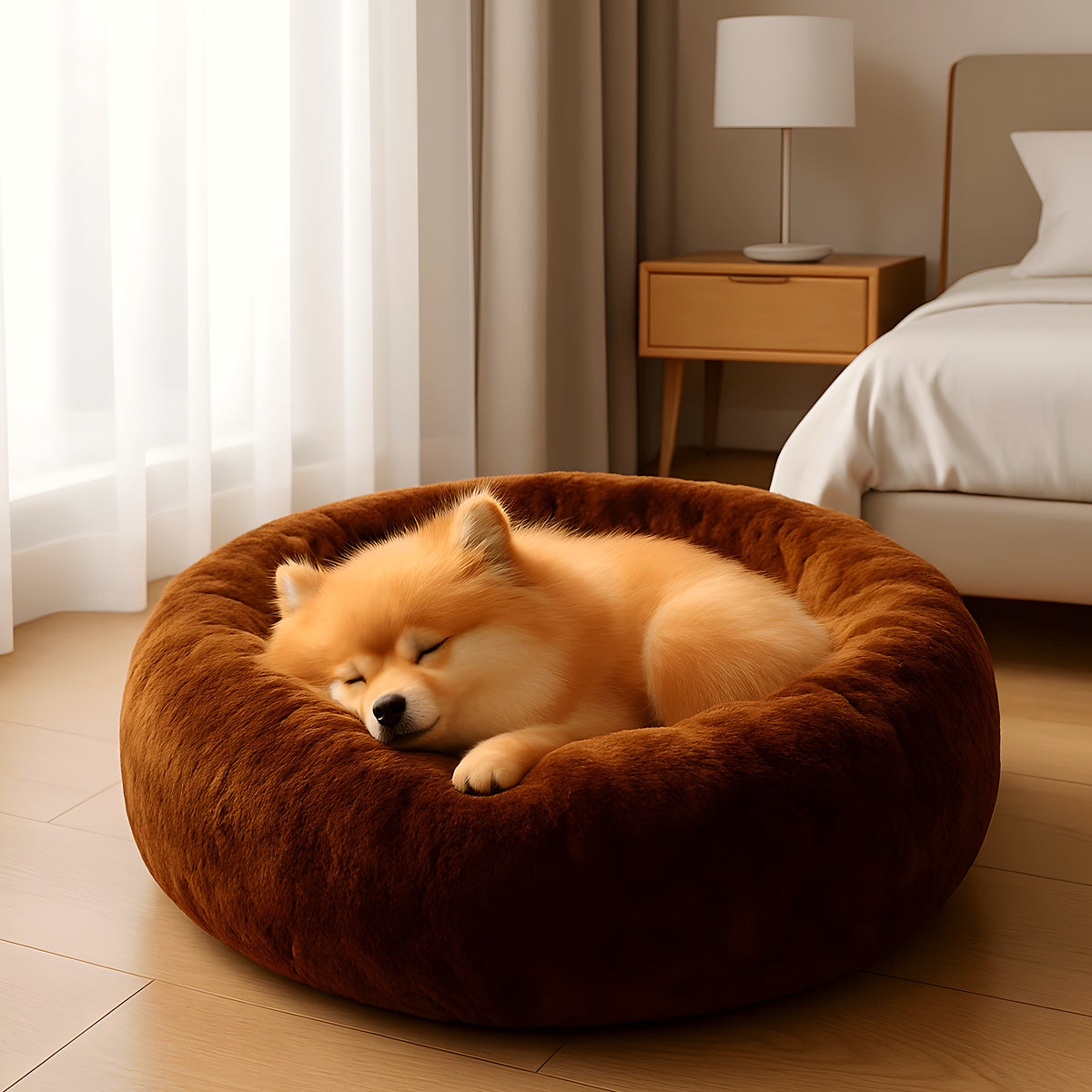 Coussin rond épais en velours à bords surélevés pour chien