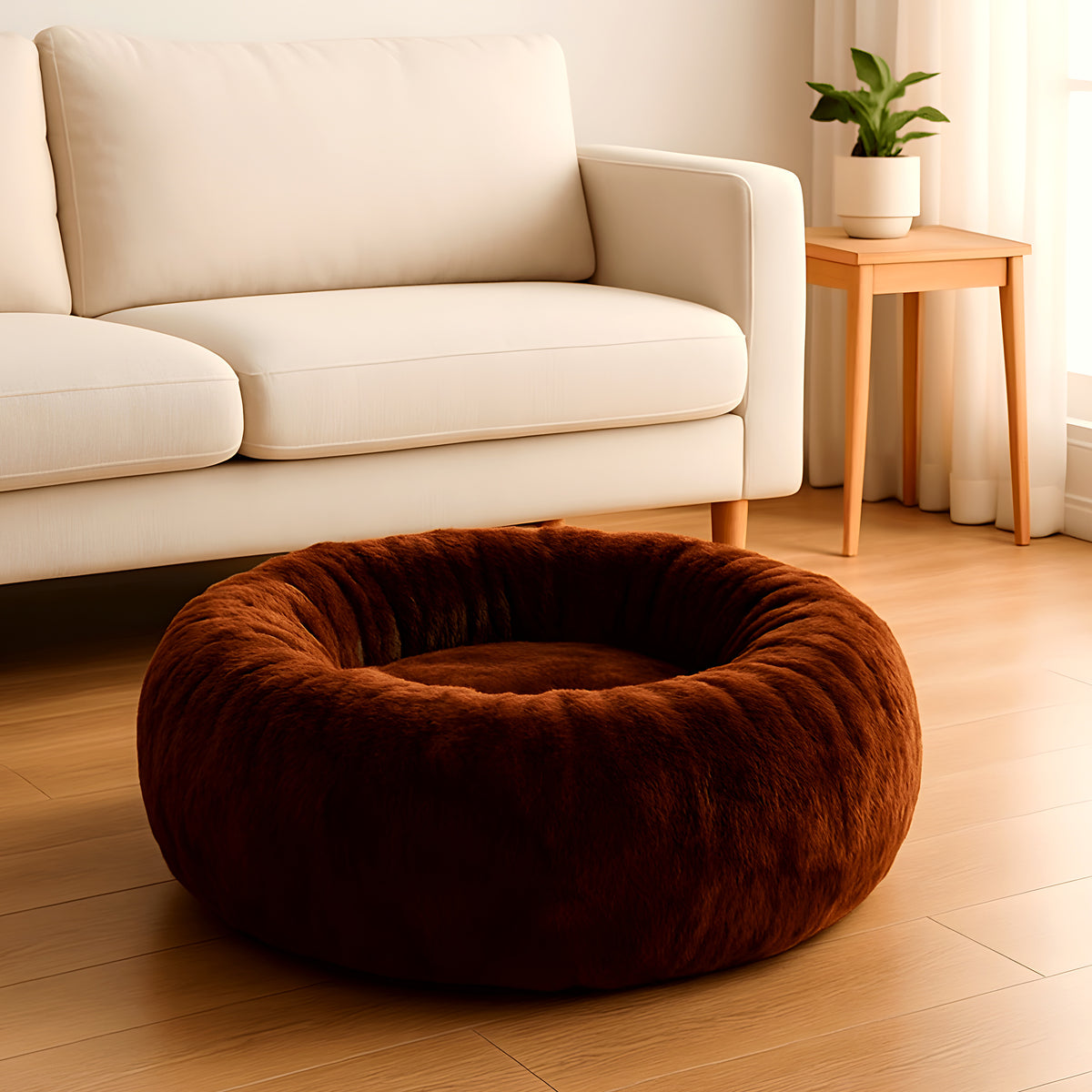 Coussin rond épais en velours à bords surélevés pour chien