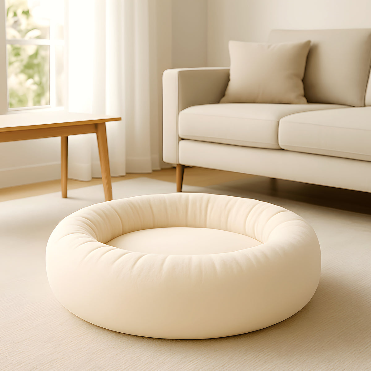 Coussin rond épais en velours à bords surélevés pour chien