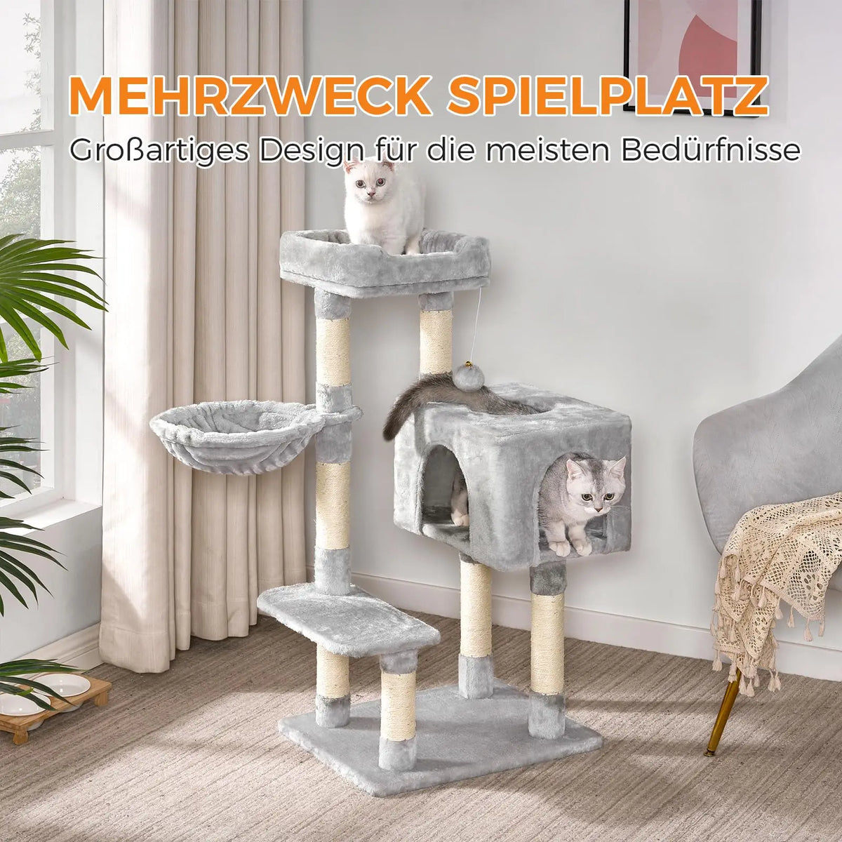 Arbre À Chat  Tir À Gratter 100 Cm Avec 7 Colonnes Maison Pour Chat Et Hamac Stable Avec Protection Contre L'Inclinaison