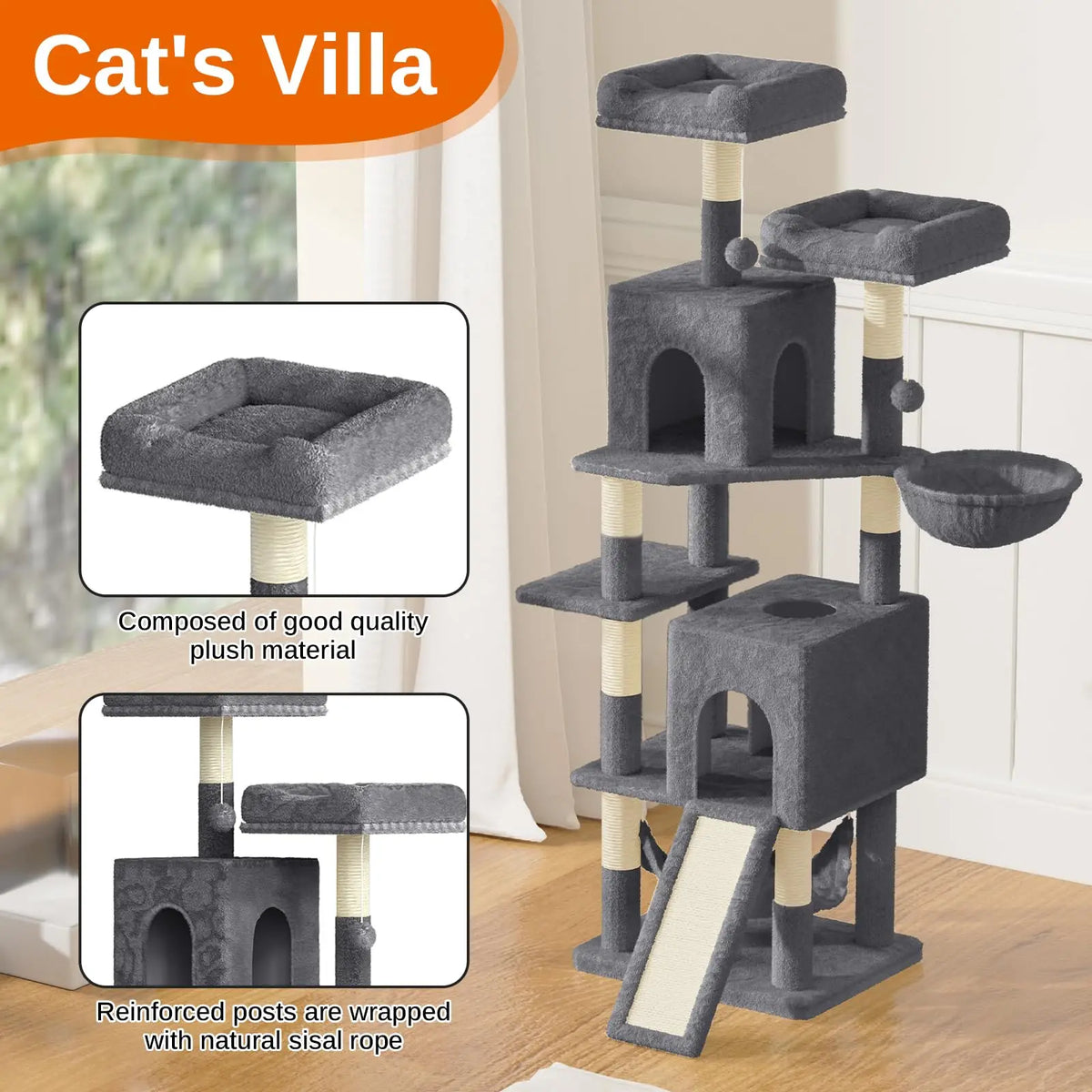 Tir À Gratter Pour Chat Tour D'Escalade De 158 Cm Avec 7 Mandrins À Gratter, 2 Maisons Et 2 Hamacs Pour Chats Domestiques
