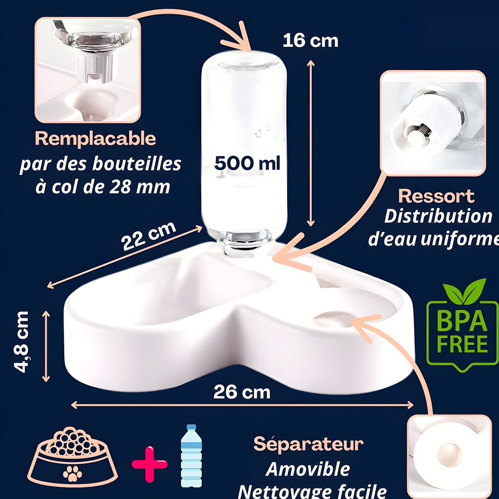 Double gamelle avec distributeur d'eau 500 ml pour petit chien
