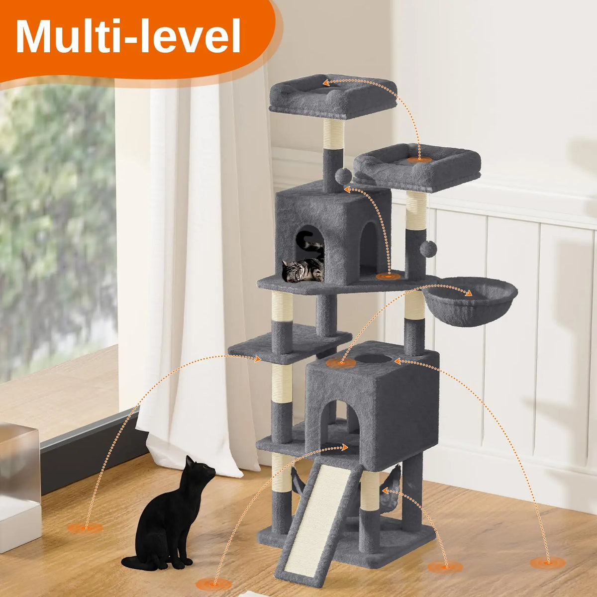 Tir À Gratter Pour Chat Tour D'Escalade De 158 Cm Avec 7 Mandrins À Gratter, 2 Maisons Et 2 Hamacs Pour Chats Domestiques