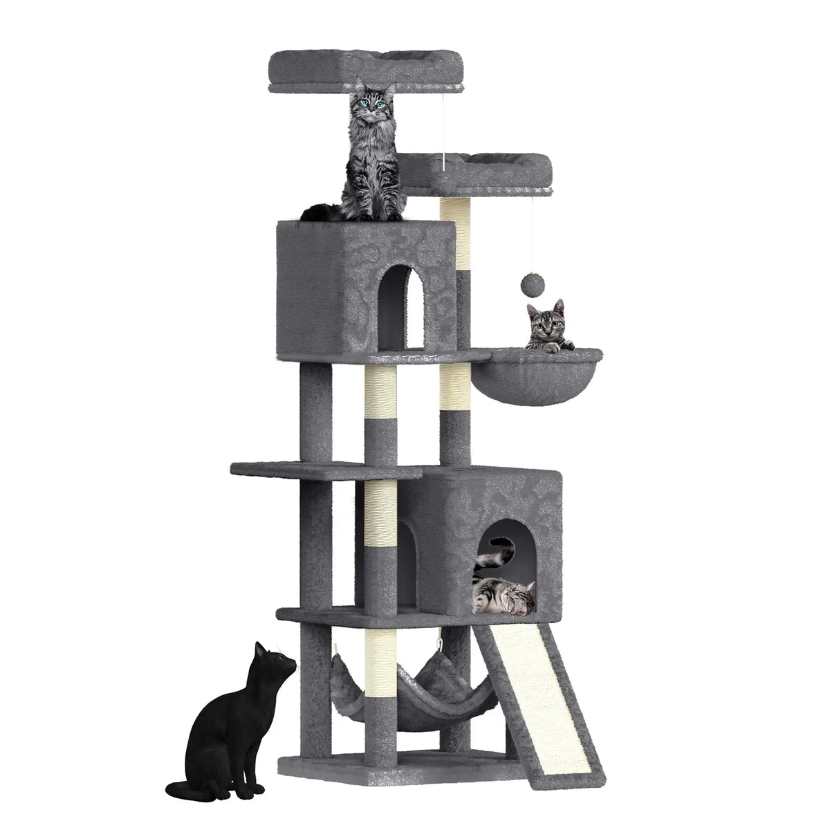 Tir À Gratter Pour Chat Tour D'Escalade De 158 Cm Avec 7 Mandrins À Gratter, 2 Maisons Et 2 Hamacs Pour Chats Domestiques