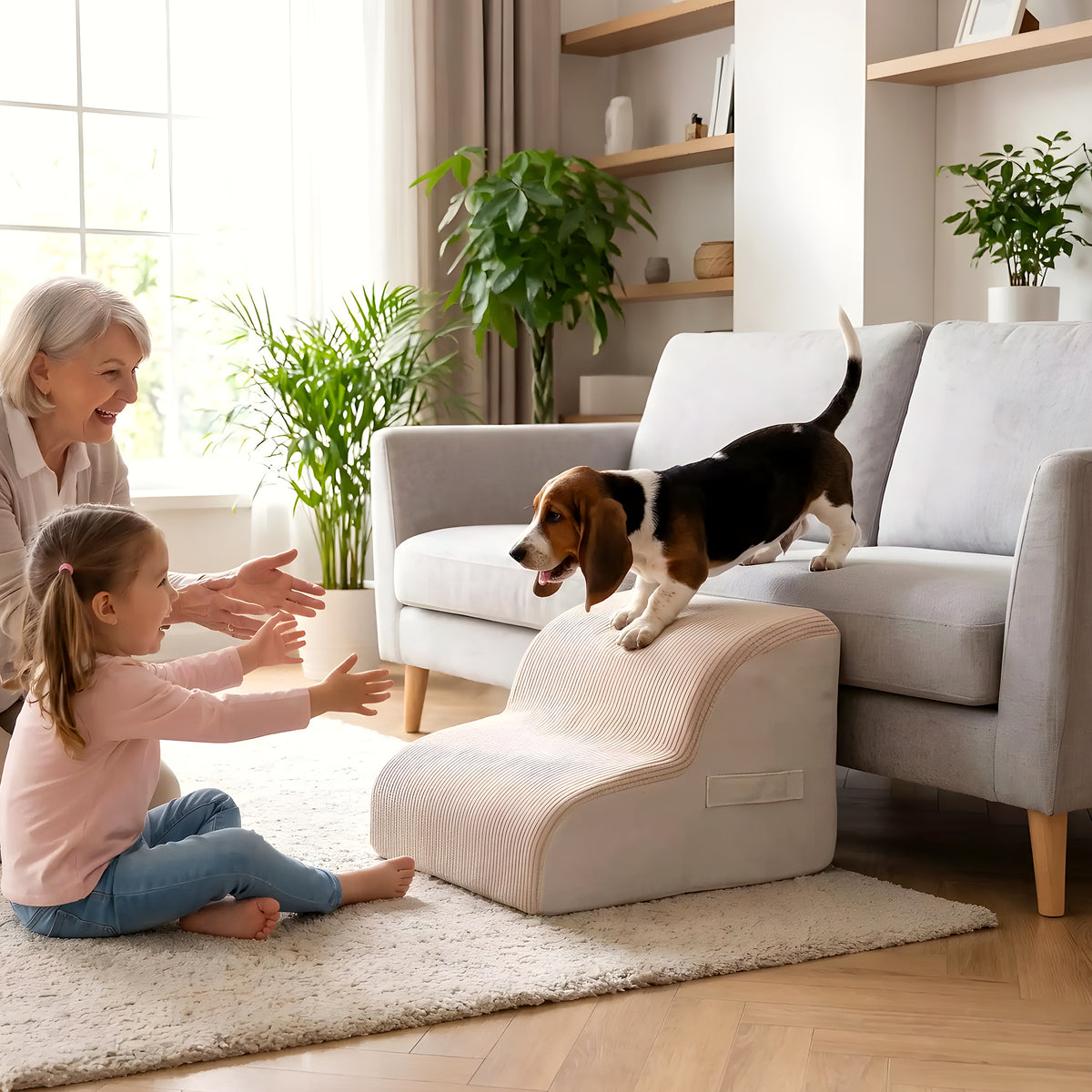 Escalier en mousse beige pour chien, 2 ou 3 marches