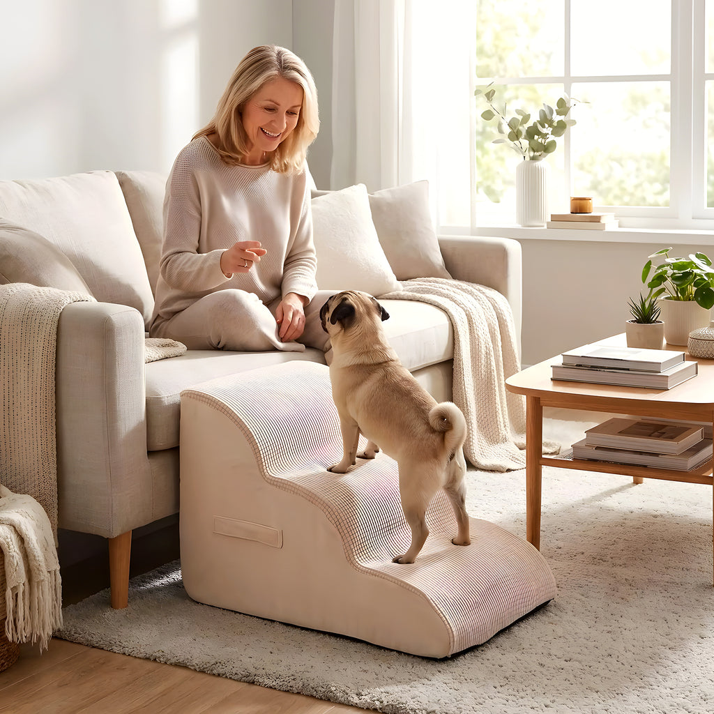 Escalier en mousse beige pour chien, 2 ou 3 marches