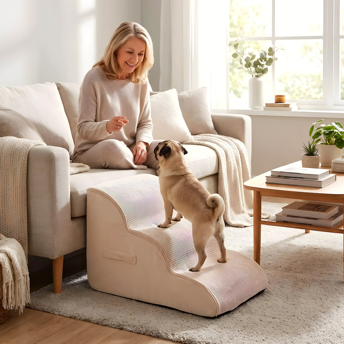 Escalier en mousse beige pour chien, 2 ou 3 marches