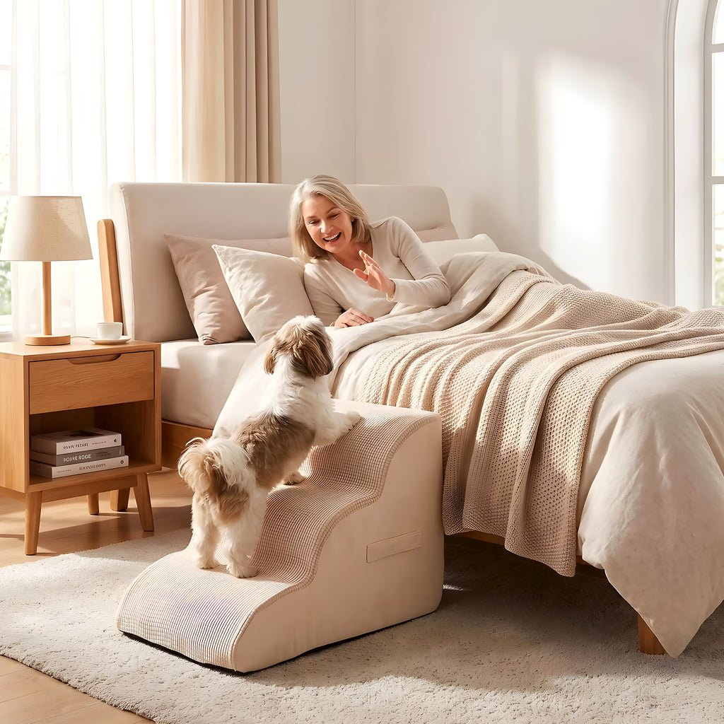 Escalier en mousse beige pour chien, 2 ou 3 marches