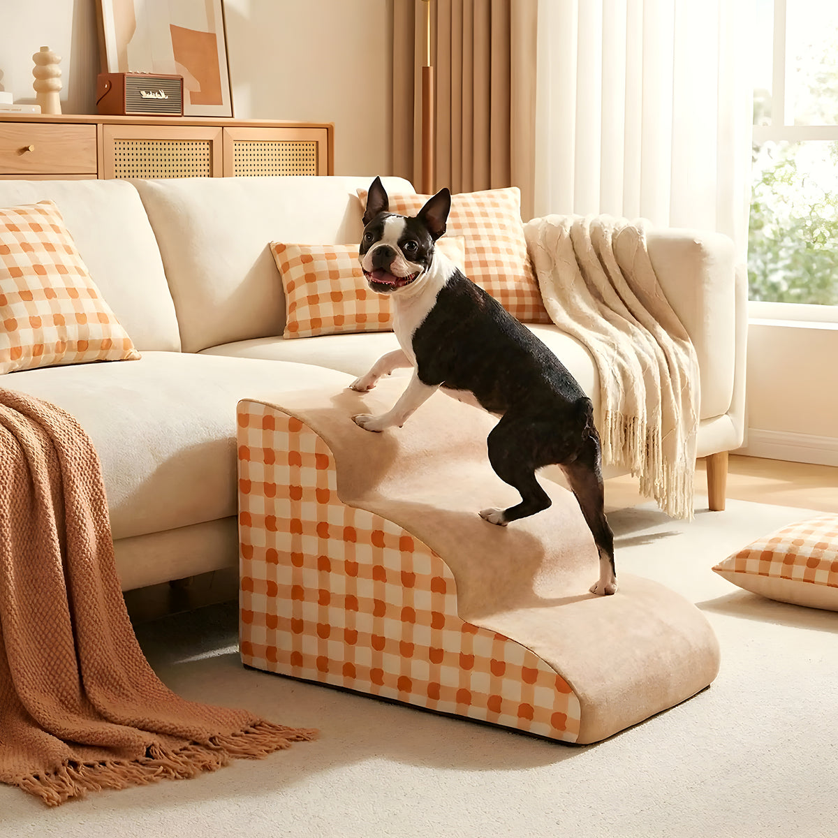 Escalier en mousse motif vichy orange pour chien