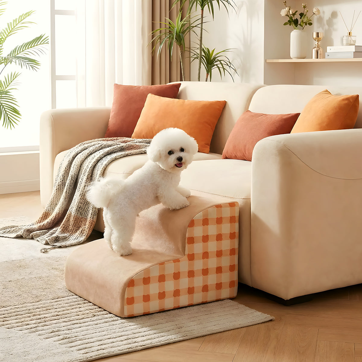 Escalier en mousse motif vichy orange pour chien