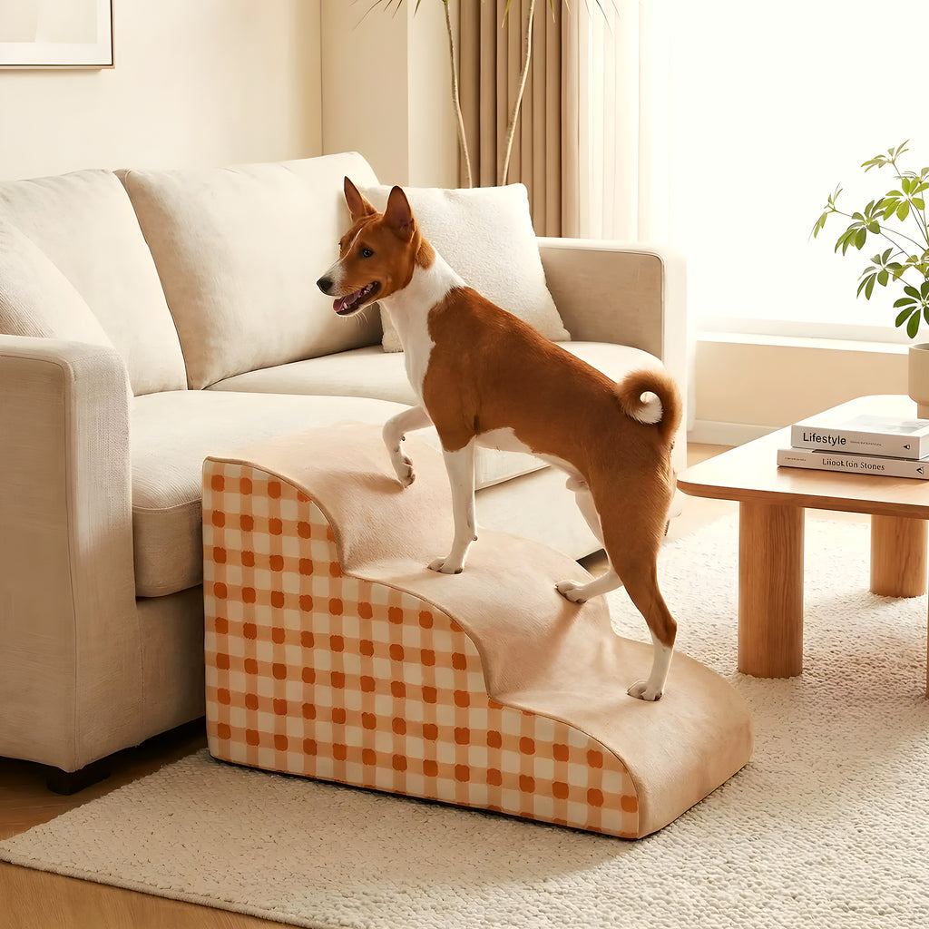 Escalier en mousse motif vichy orange pour chien