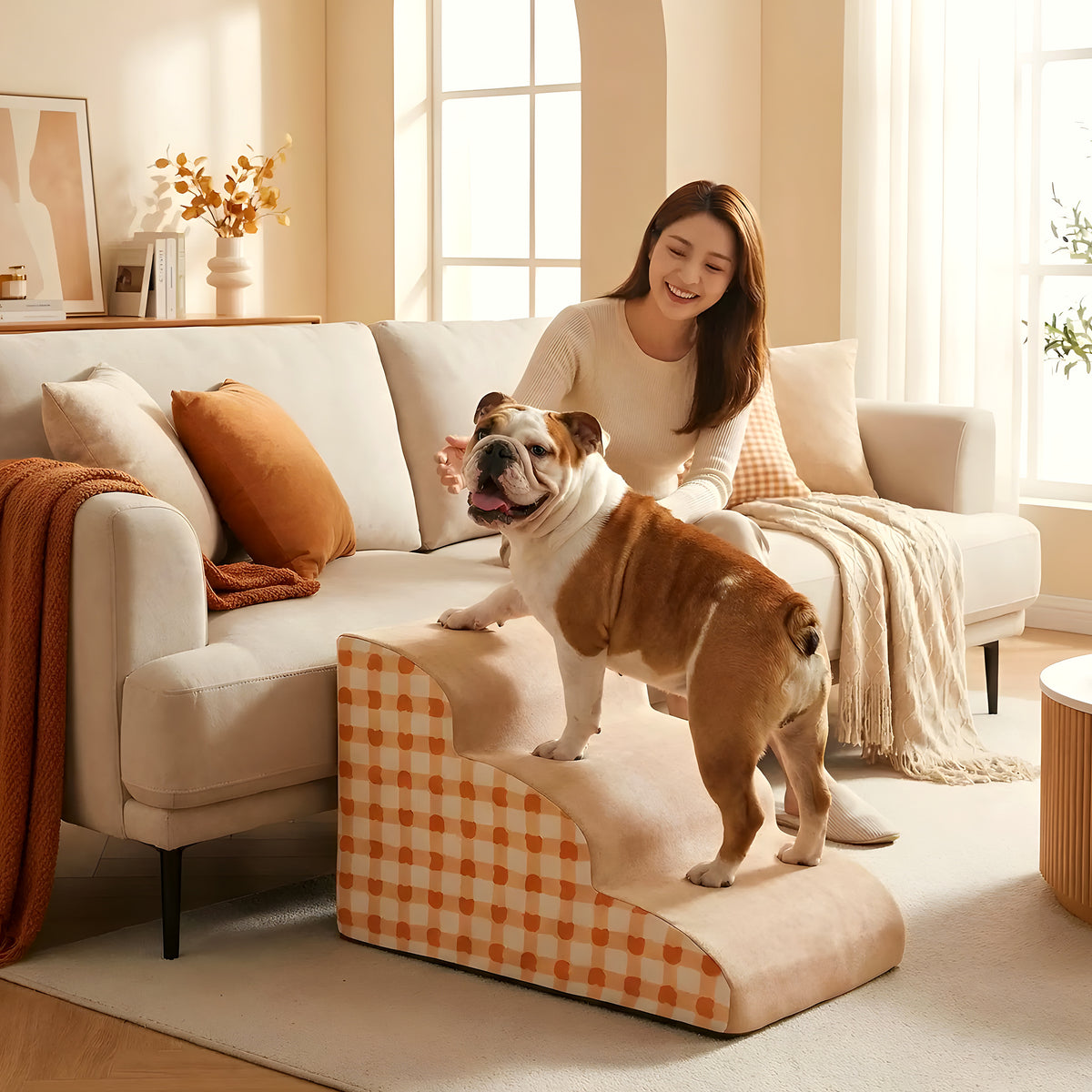 Escalier en mousse motif vichy orange pour chien