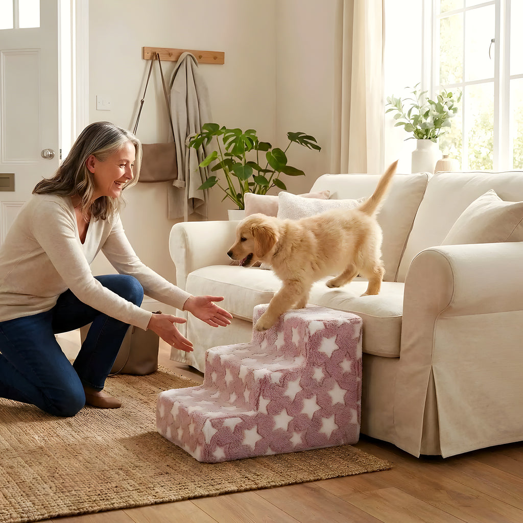 Escalier en velours rose à étoiles pour chien, 3 modèles