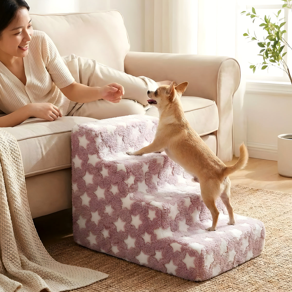 Escalier en velours rose à étoiles pour chien, 3 modèles