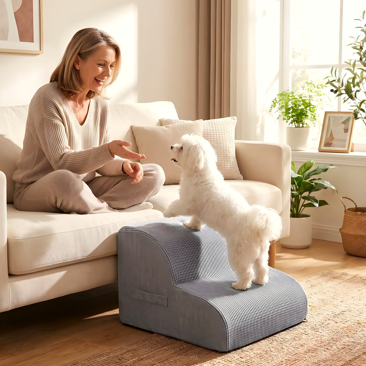 Escalier ergonomique en mousse gris clair pour chien