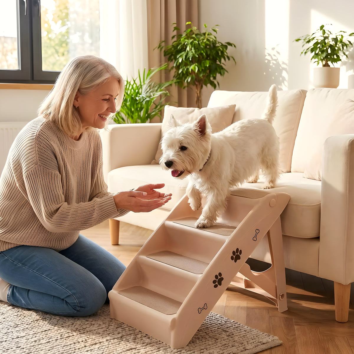Escalier pliable 4 marches blanc crème pour chien
