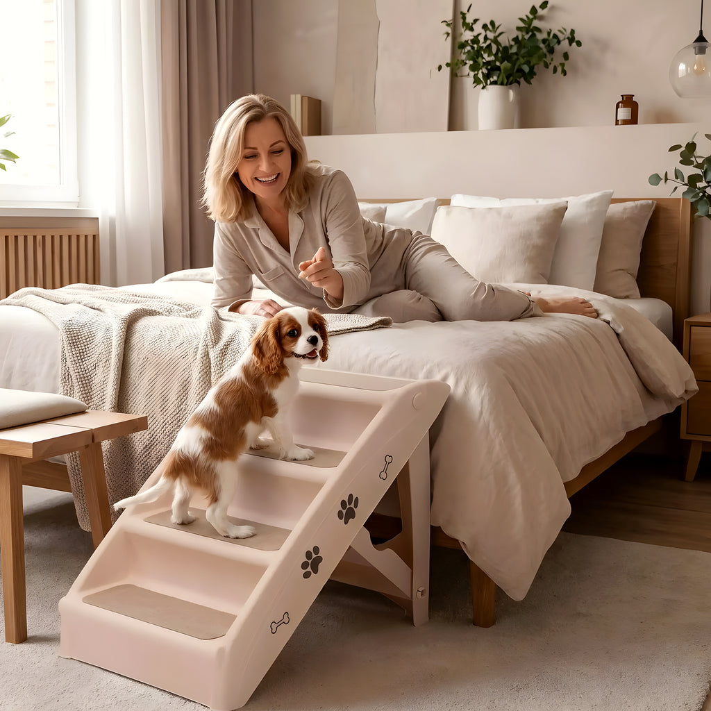 Escalier pliable 4 marches blanc crème pour chien