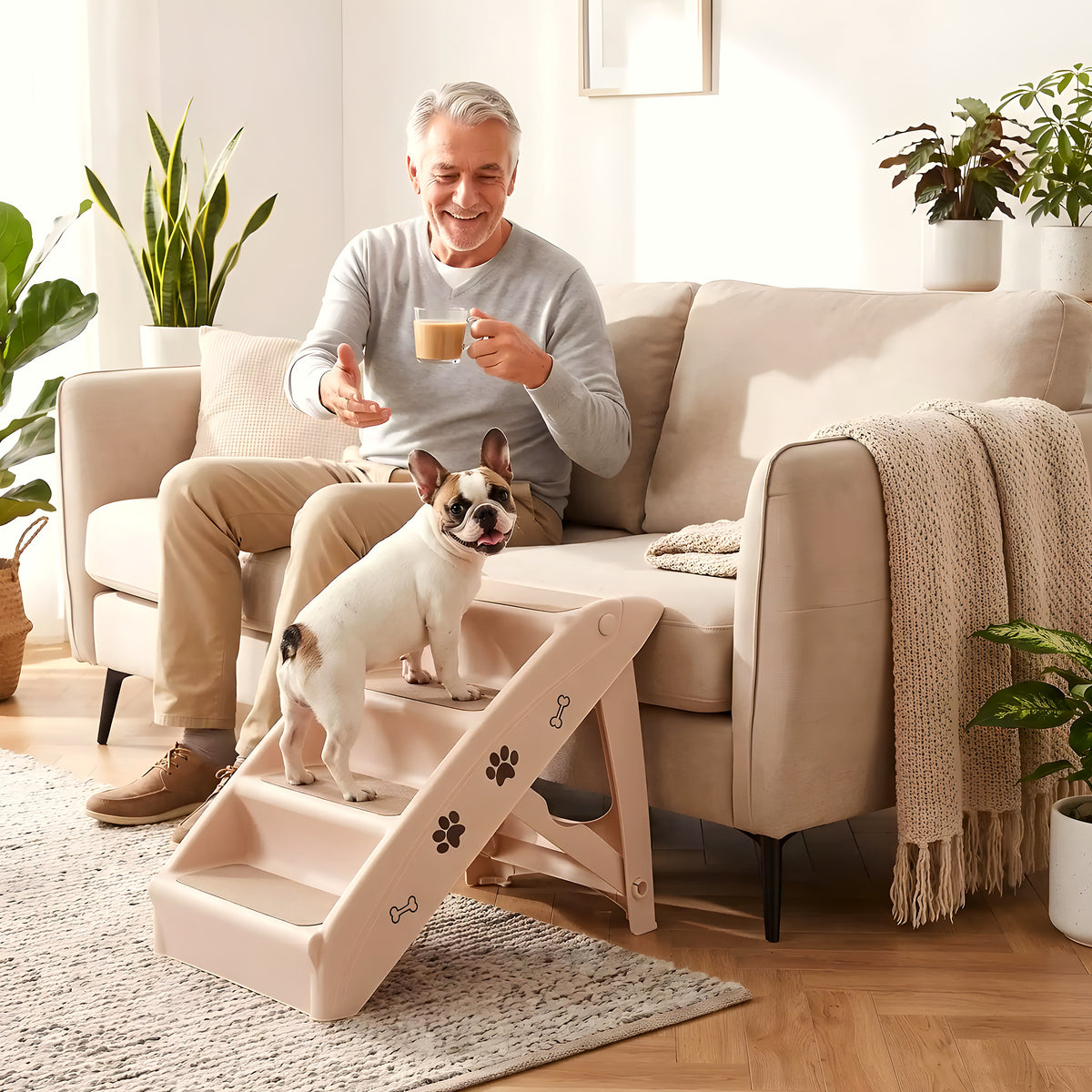 Escalier pliable 4 marches blanc crème pour chien