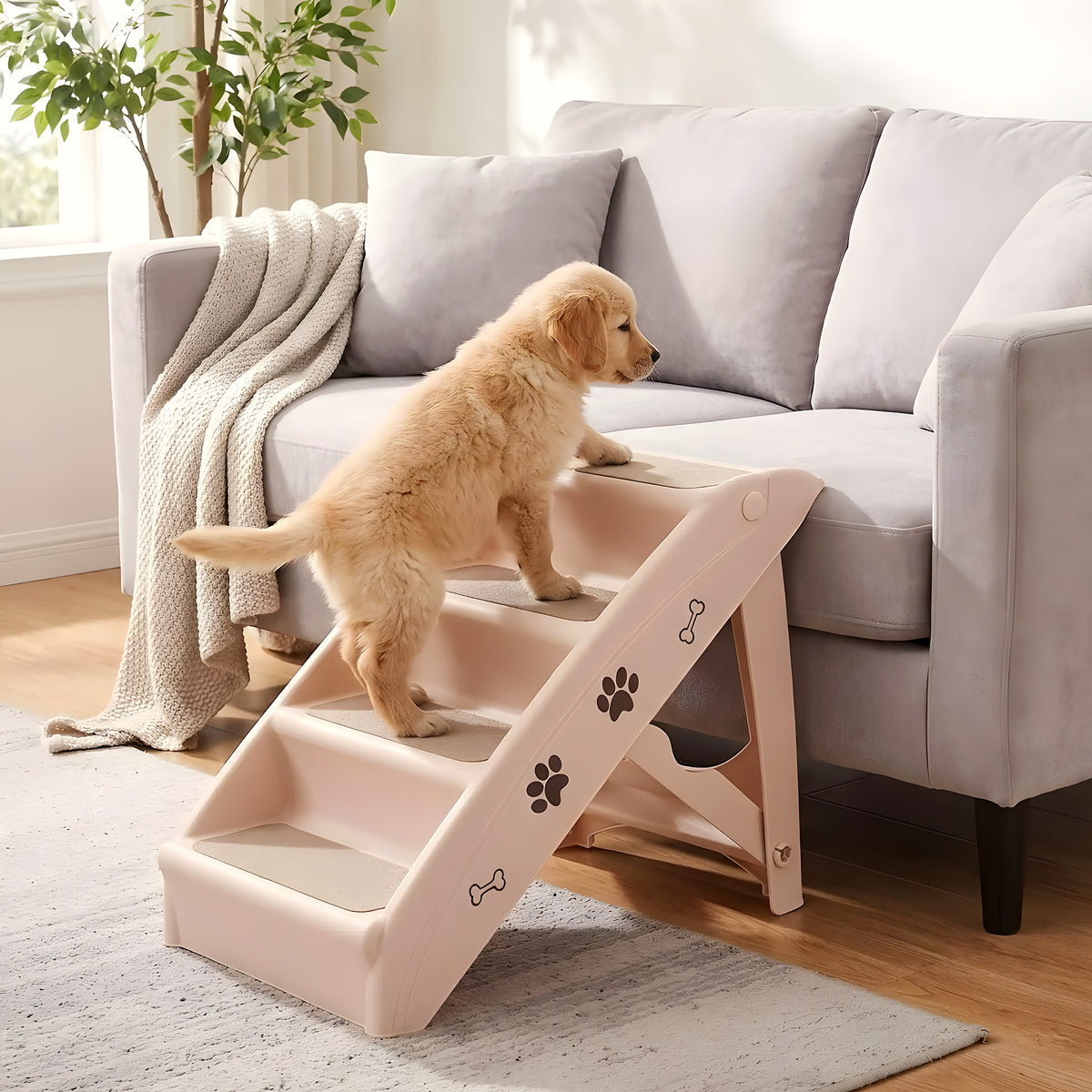 Escalier pliable 4 marches blanc crème pour chien