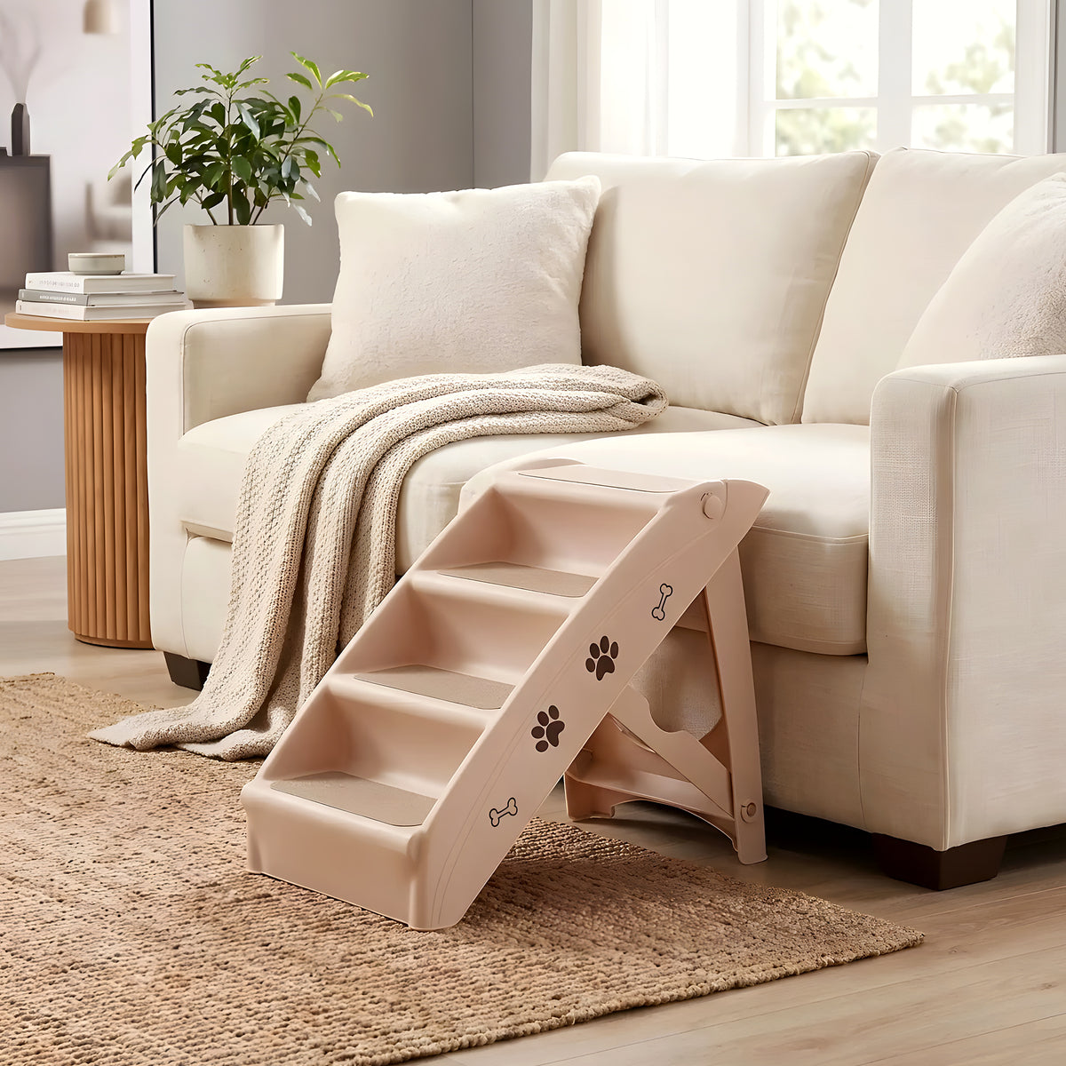 Escalier pliable 4 marches blanc crème pour chien