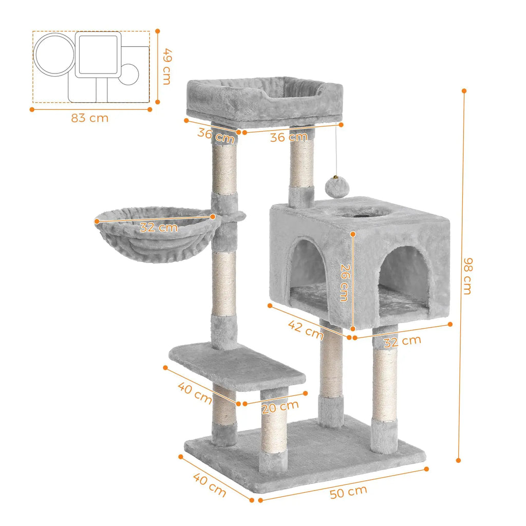 Arbre À Chat  Tir À Gratter 100 Cm Avec 7 Colonnes Maison Pour Chat Et Hamac Stable Avec Protection Contre L'Inclinaison